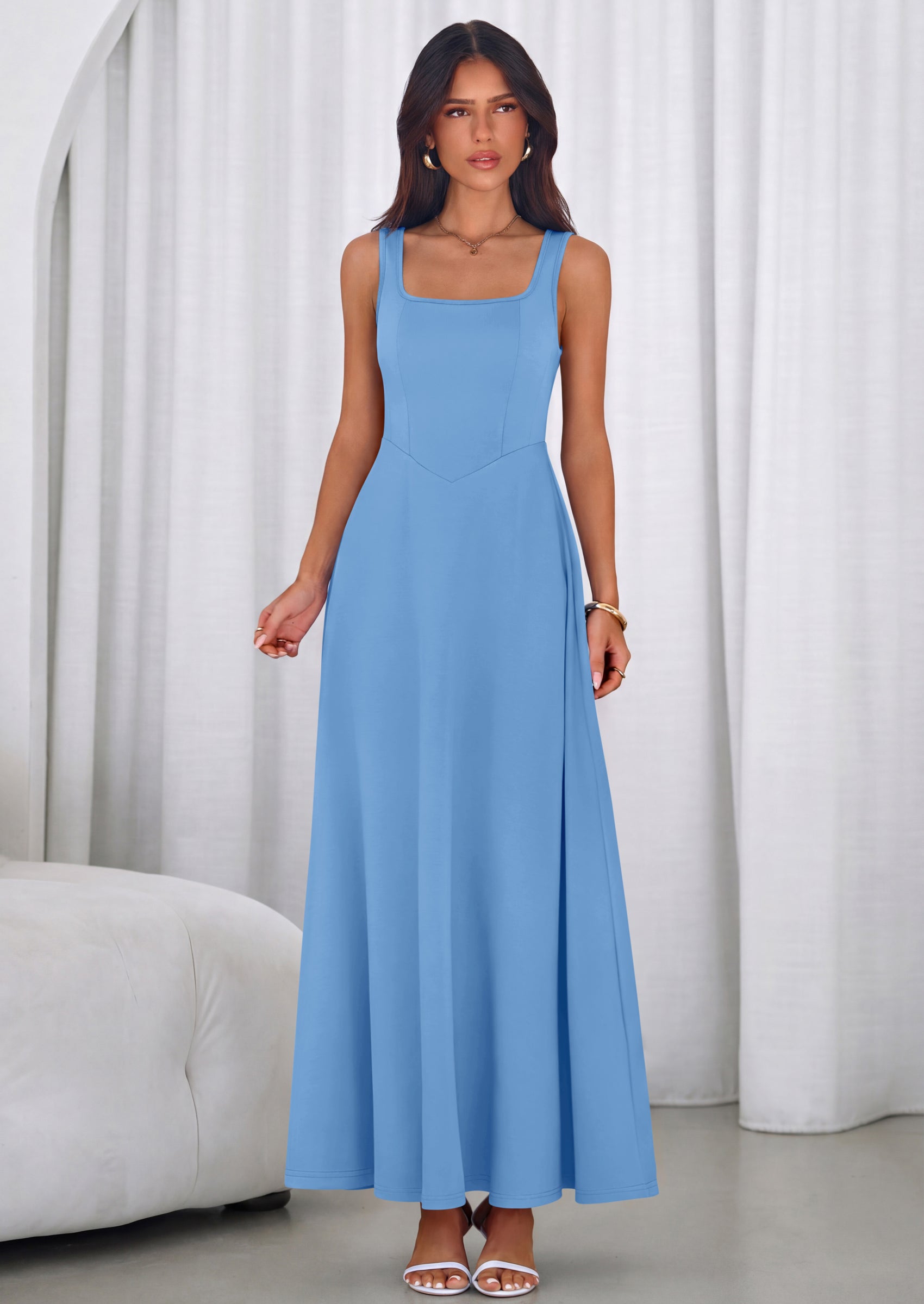 PRETTYGARDEN Womens Summer Dresses Sleeveless Elegant Square Neck Aline Swing Maxi Beach Wedding Guest Dress Pockets PRETTYGARDEN