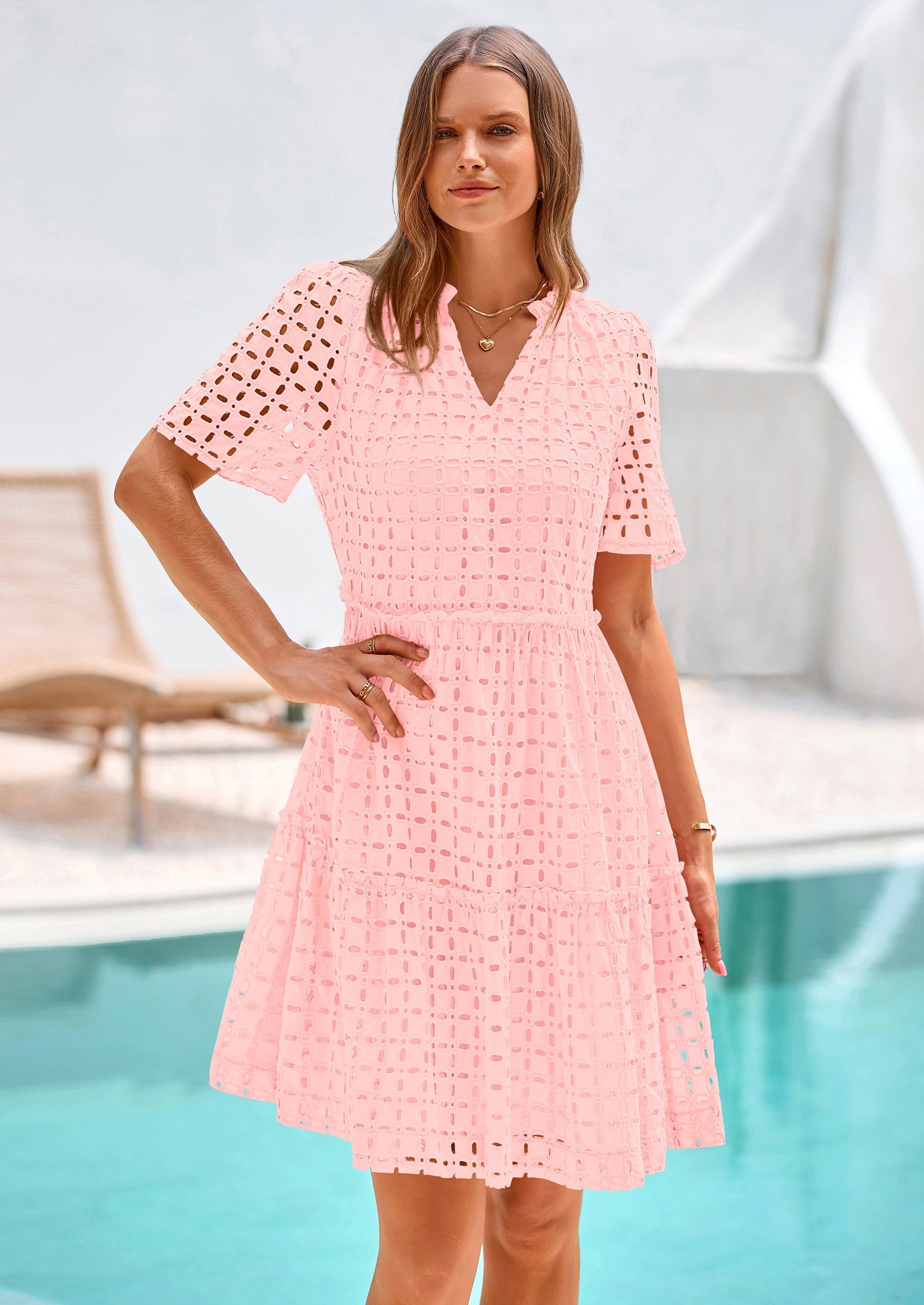 PRETTYGARDEN Women's Short Sleeve Mini Dress Summer V Neck Hollow Out Eyelet Ruffle A Line Swing Short Dresses PRETTYGARDEN