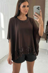 Rio Chocolate Chiffon Sequin Cape Blouse