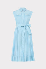 Mineral Blue Pleated Twill Midi Dress with Belt - Front View | MILLY