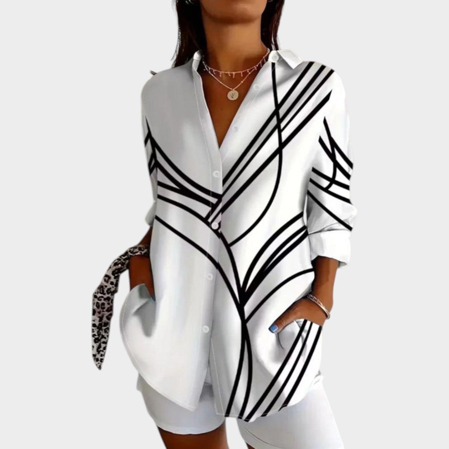 Modern Chic Black & White Line Print Blouse