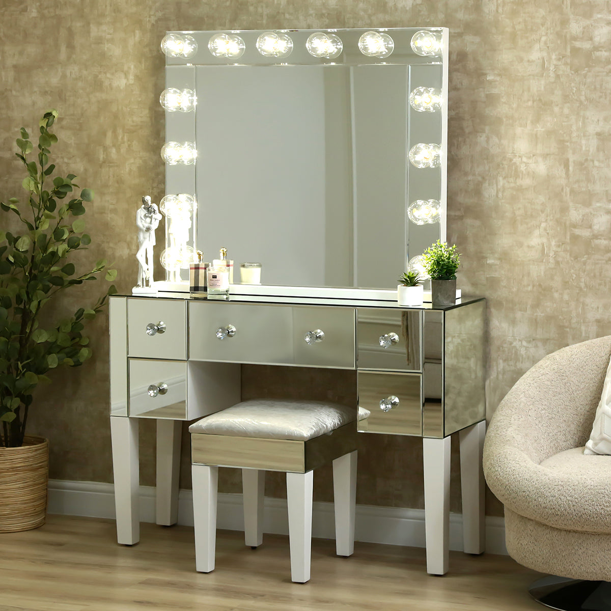 Dressing Table Set - XL Landscape Vanity Mirror with Lights + Five Mirrored Drawers Dressing Table + Stool