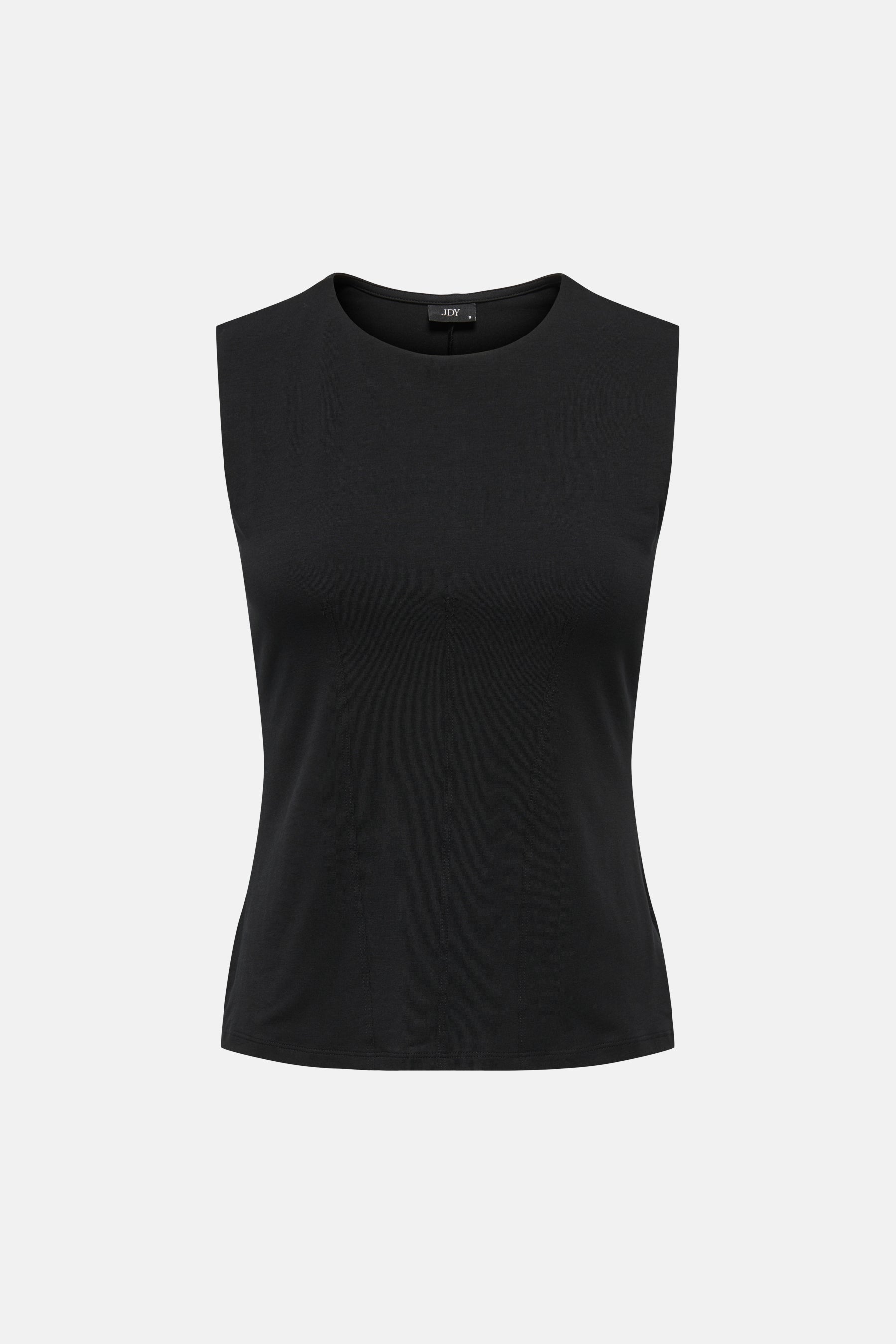 Haut noire sans manches de JDY avec col rond, coupe ajustée et coutures verticales.