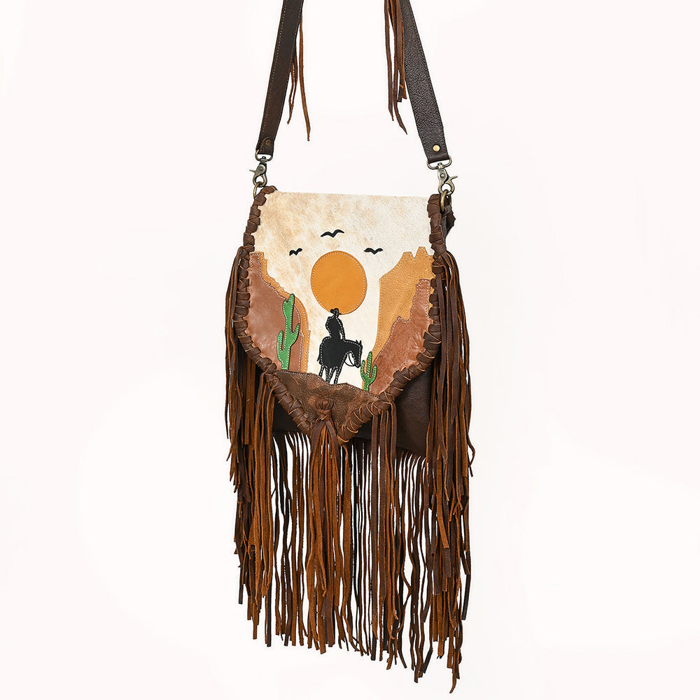 ADBGM540 Western Sunset Cowboy Fringe Messenger - Hair-On Leather Applique Bag with Desert Scene