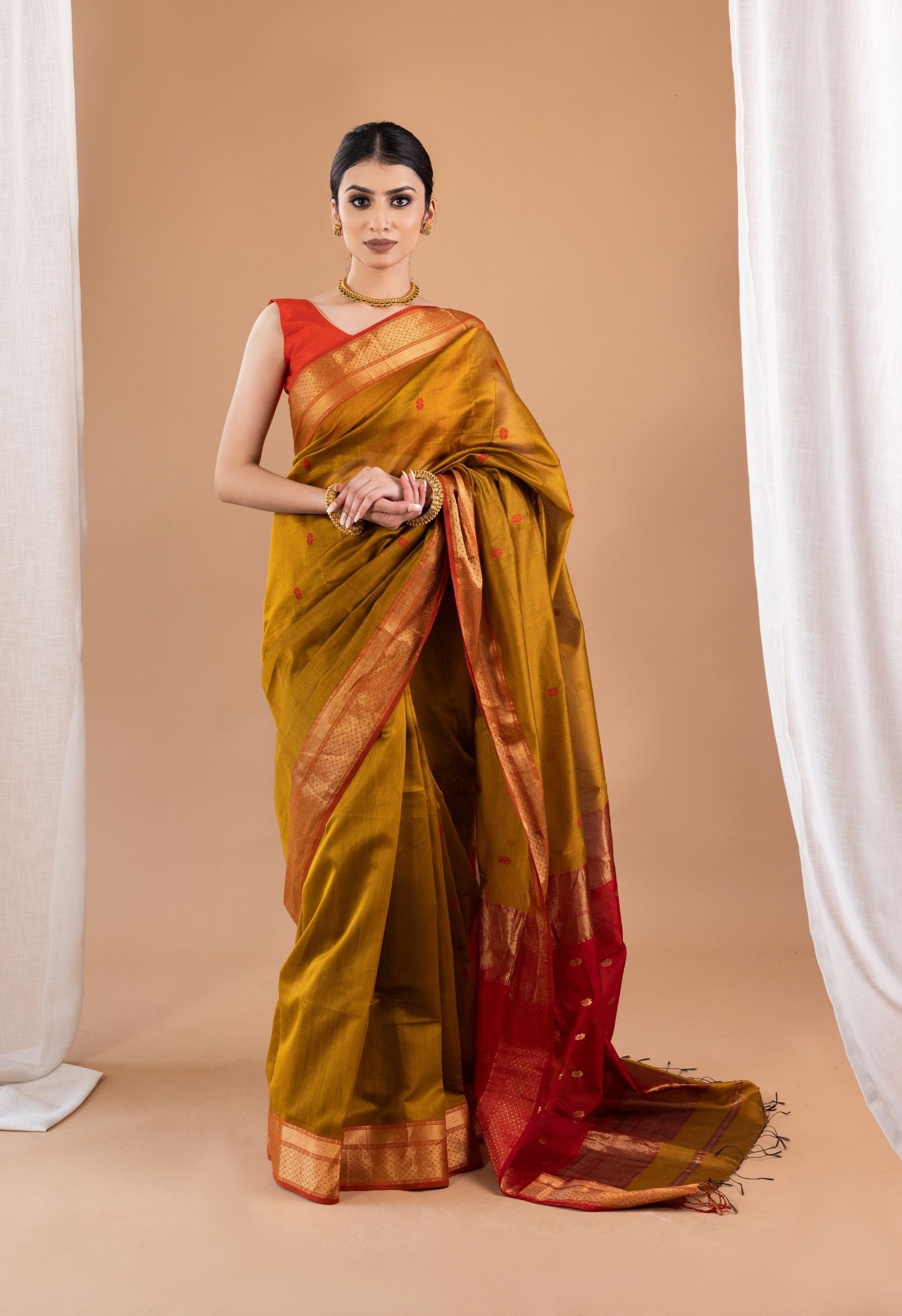 YELLOW RED BUTTI MAHESHWARI SAREE
