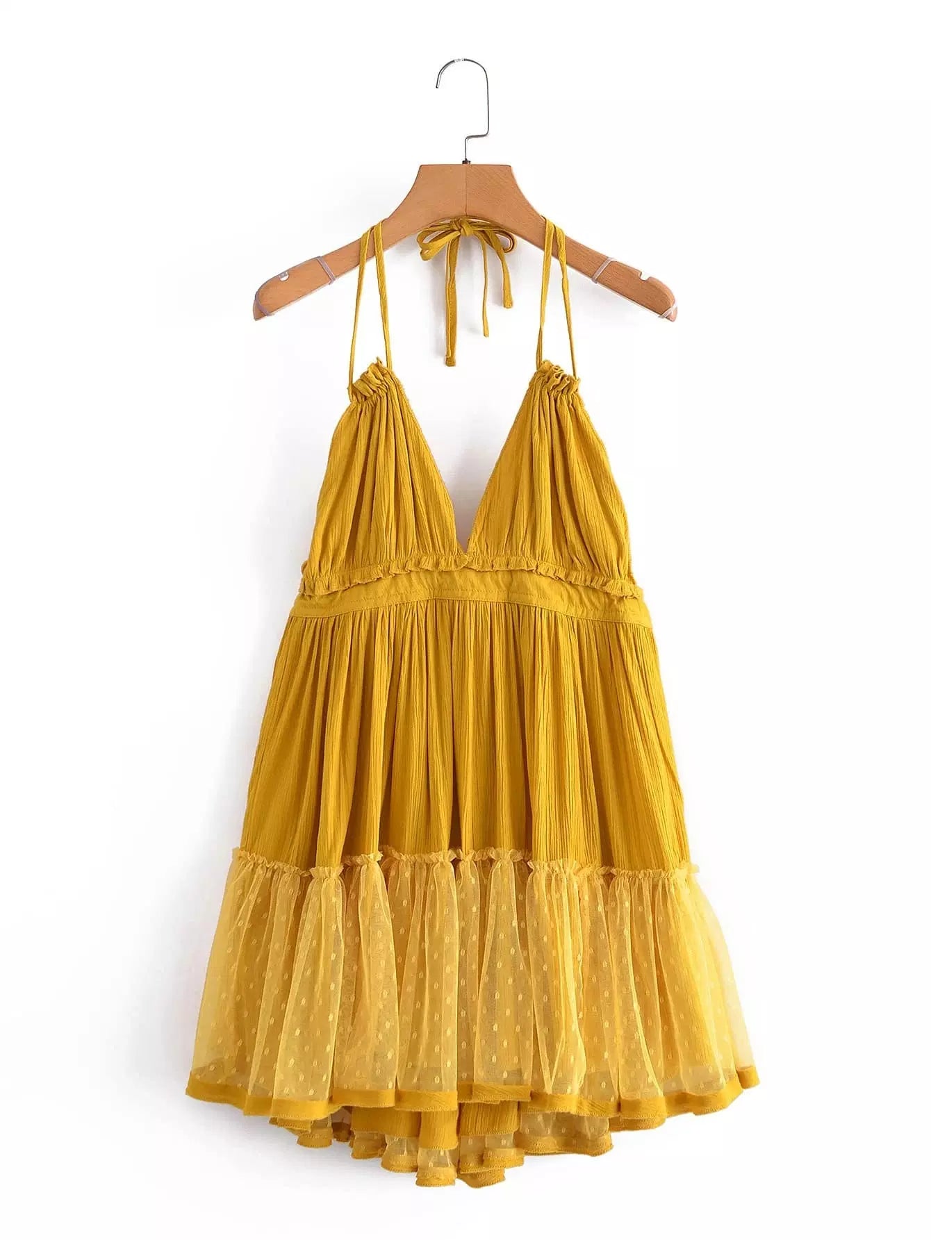 Dobby Mesh Self-Tie Ruffled Halter Dress