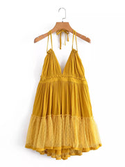 Dobby Mesh Self-Tie Ruffled Halter Dress