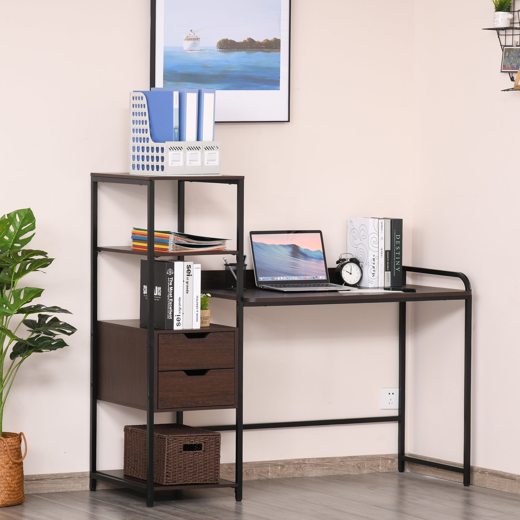 Computer Desk Writing Table Workstation for Home Office with Shelves, Drawers, Walnut Brown w/ Shelf, Drawer