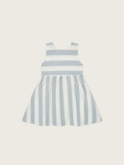toddler sardine blue striped muslin sleeveless dress with wooden button back and curved hem