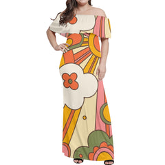 70s Groovy Sun Hippie Dress Womens Off The Shoulder Wrap Long Dress - Mid Century Modern Gal