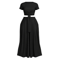 Black two-piece outfit with a top and long skirt on a white background