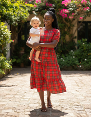 The Midi Breastfeeding Dress - Red Tartan Cotton