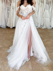 Off Shoulder White Lace Long Prom Dress with High Slit, Ivory Lace Formal Evening Dress, White Lace Wedding Dress