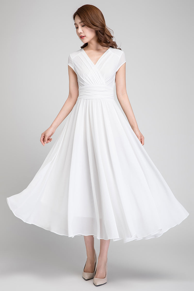 White Chiffon Midi Dress - Empire Waist Fit and Flare 1877