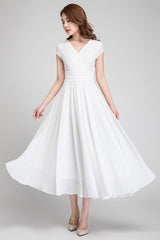White Chiffon Midi Dress - Empire Waist Fit and Flare 1877