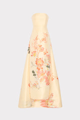 Yellow Floral Printed Taffeta Strapless Gown - Front View | MILLY
