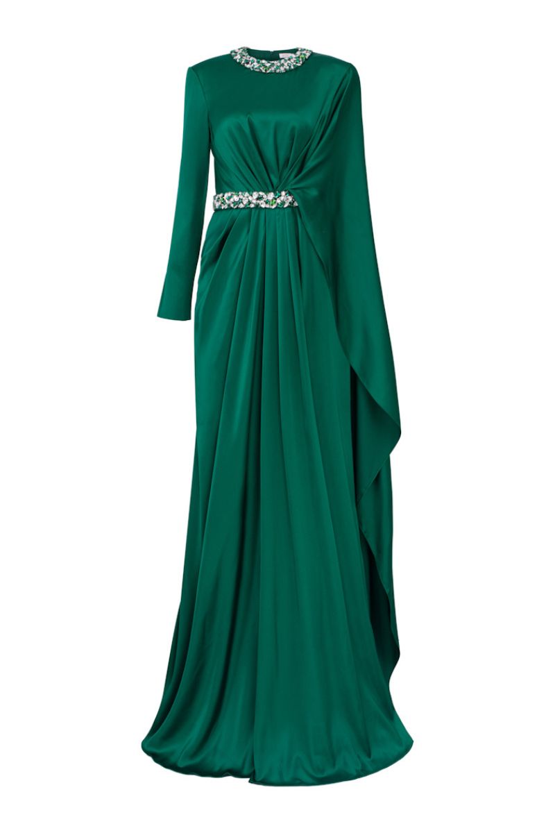 Aurelía silk satin flared maxi dress by 21Six featuring a flowing silhouette and elegant design in soft satin fabric.