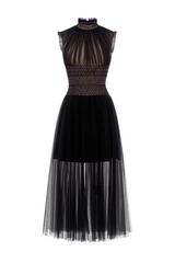 Black tulle high-neck semi-sheer midi dress by Rosee de Matin featuring elegant design and delicate fabric details.