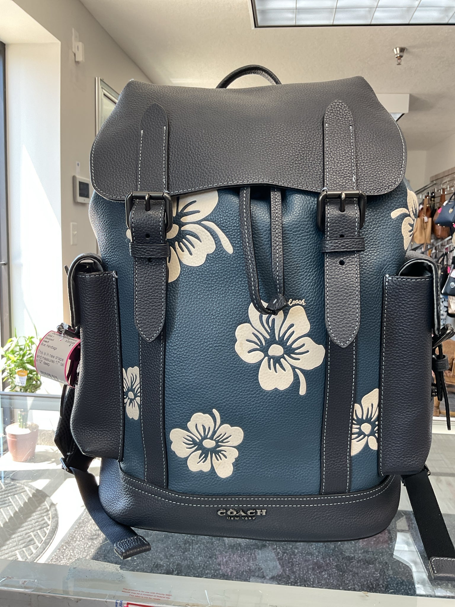 Coach Hudson Aloha Floral Print Backpack Blue With White Flowers