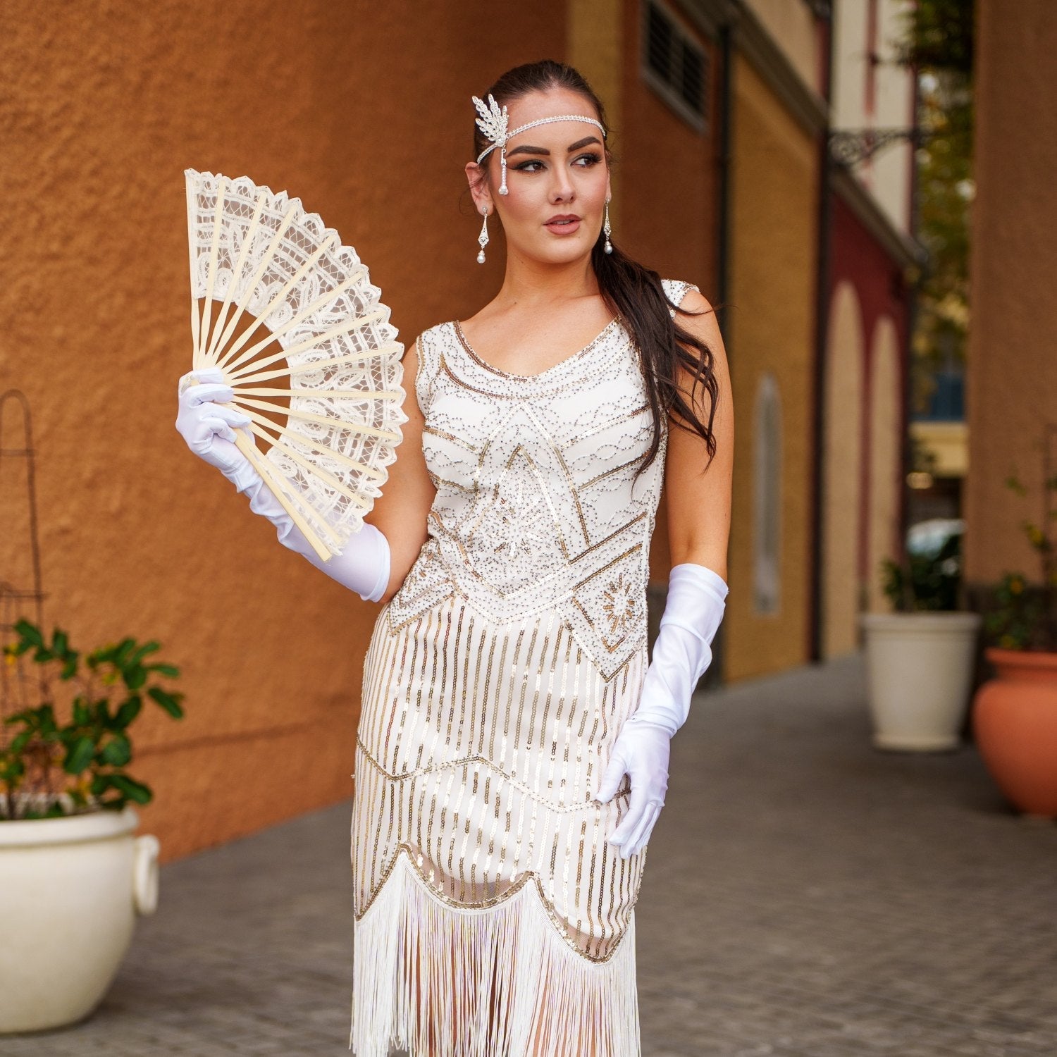 1920s White Beaded Sequin Stella Flapper Dress