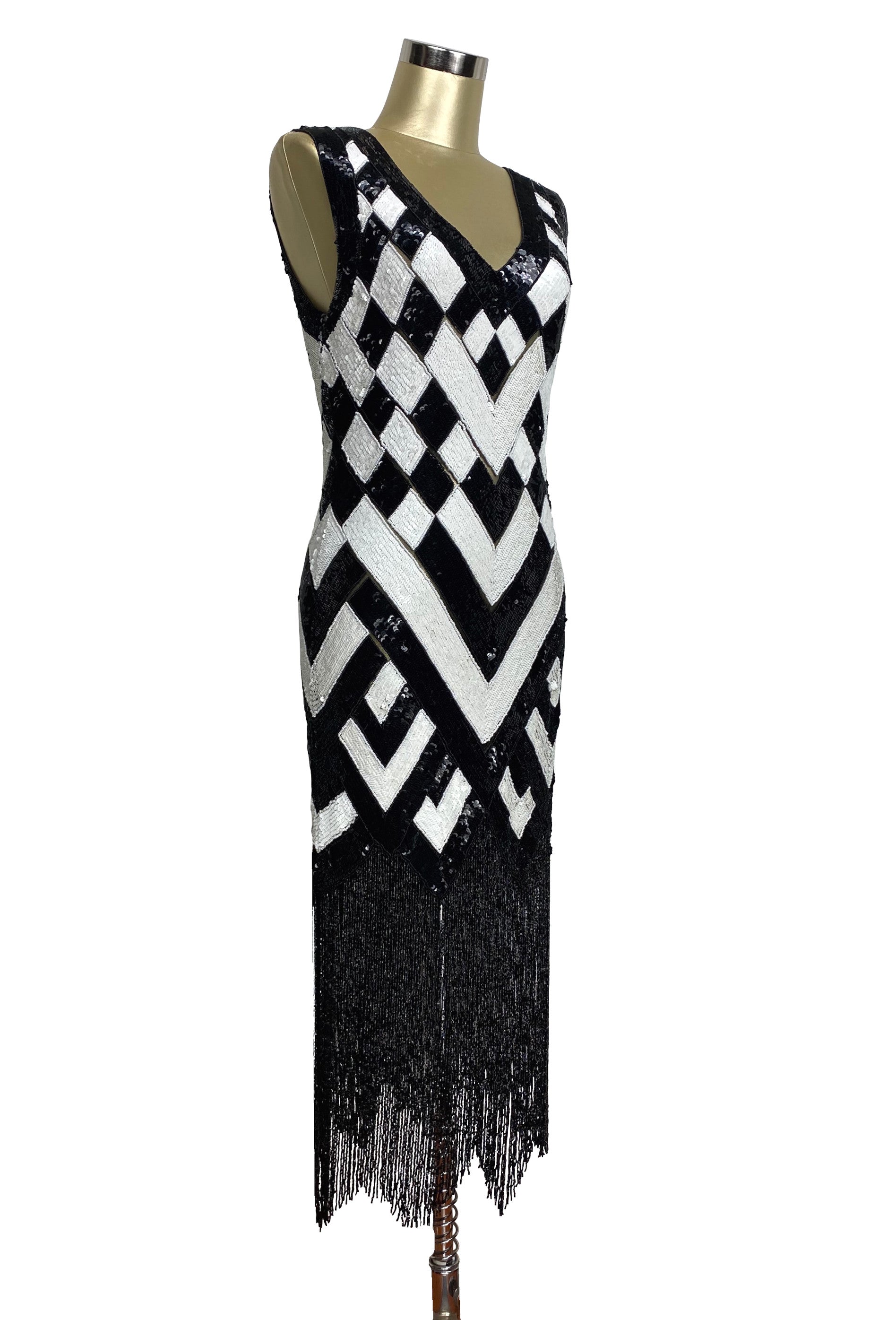 1920s Style Art Deco Flapper Fringe Party Dress - La Bande - Black White The Deco Haus
