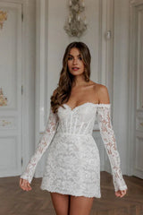 Glitter Full Lace A-Line Mini Wedding Dresses Long Sleeves Sweetheart Off The Shoulder Short Bridal Gowns vestidos de novia 14w