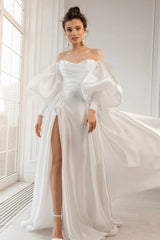 Shinny Organza Satin A Line Wedding Dresses With Puff Long Sleeves ZW799