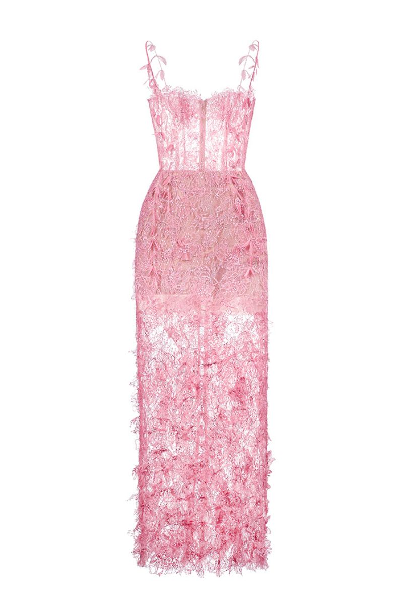 Pink beaded lace pencil midi dress by Montsand, featuring intricate lace details and a fitted silhouette.