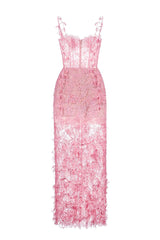 Pink beaded lace pencil midi dress by Montsand, featuring intricate lace details and a fitted silhouette.