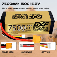 (CN)DXF Lipo Battery 4S 15.2V 7500MAH 150C lipo Hardcase with DEANS/T Plug for Rc 1/8 1/10 Buggy Truck Car Off-Road Drone