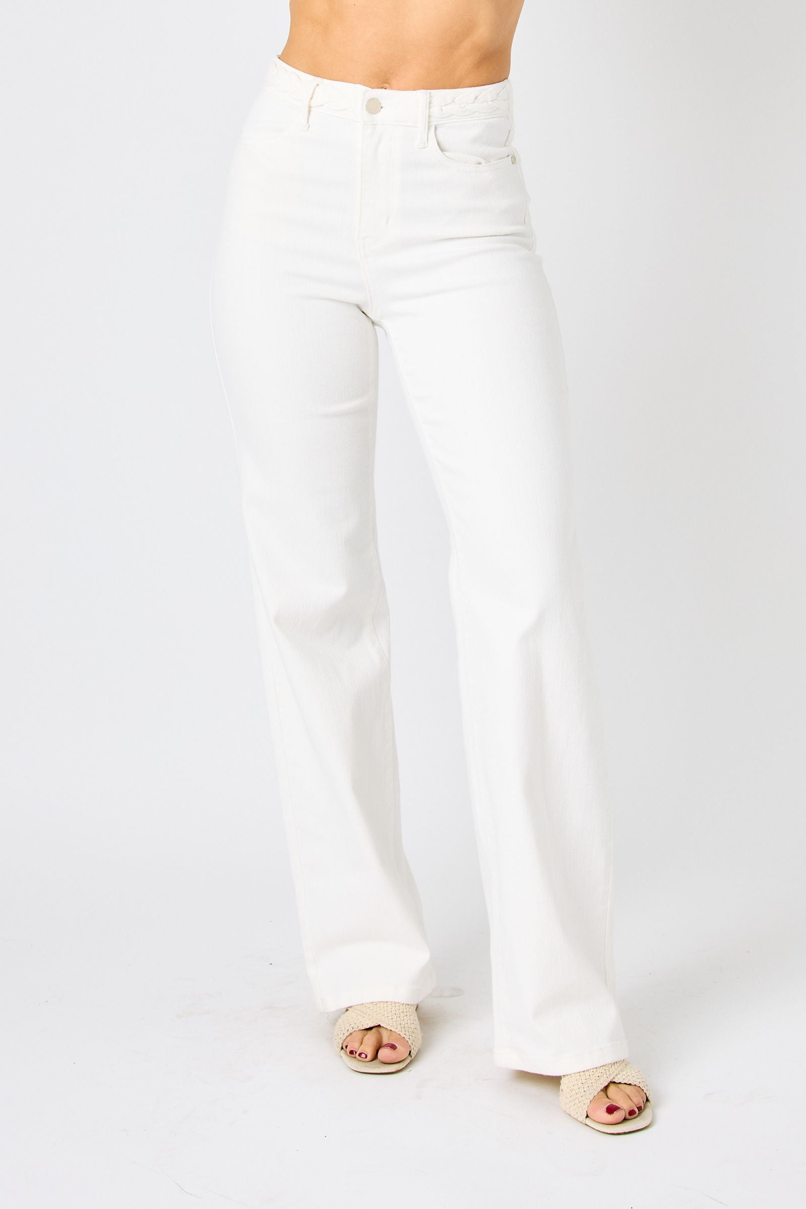 FBA Judy Blue Women's High-Rise Braided Waistband White Wide Leg Jeans 88781