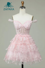 ZAPAKA Cute A Line Off the Shoulder Pink Corset Homecoming Dress with Lace