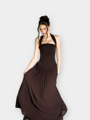 Stacie Pleated Halter Maxi Dress - Cacao