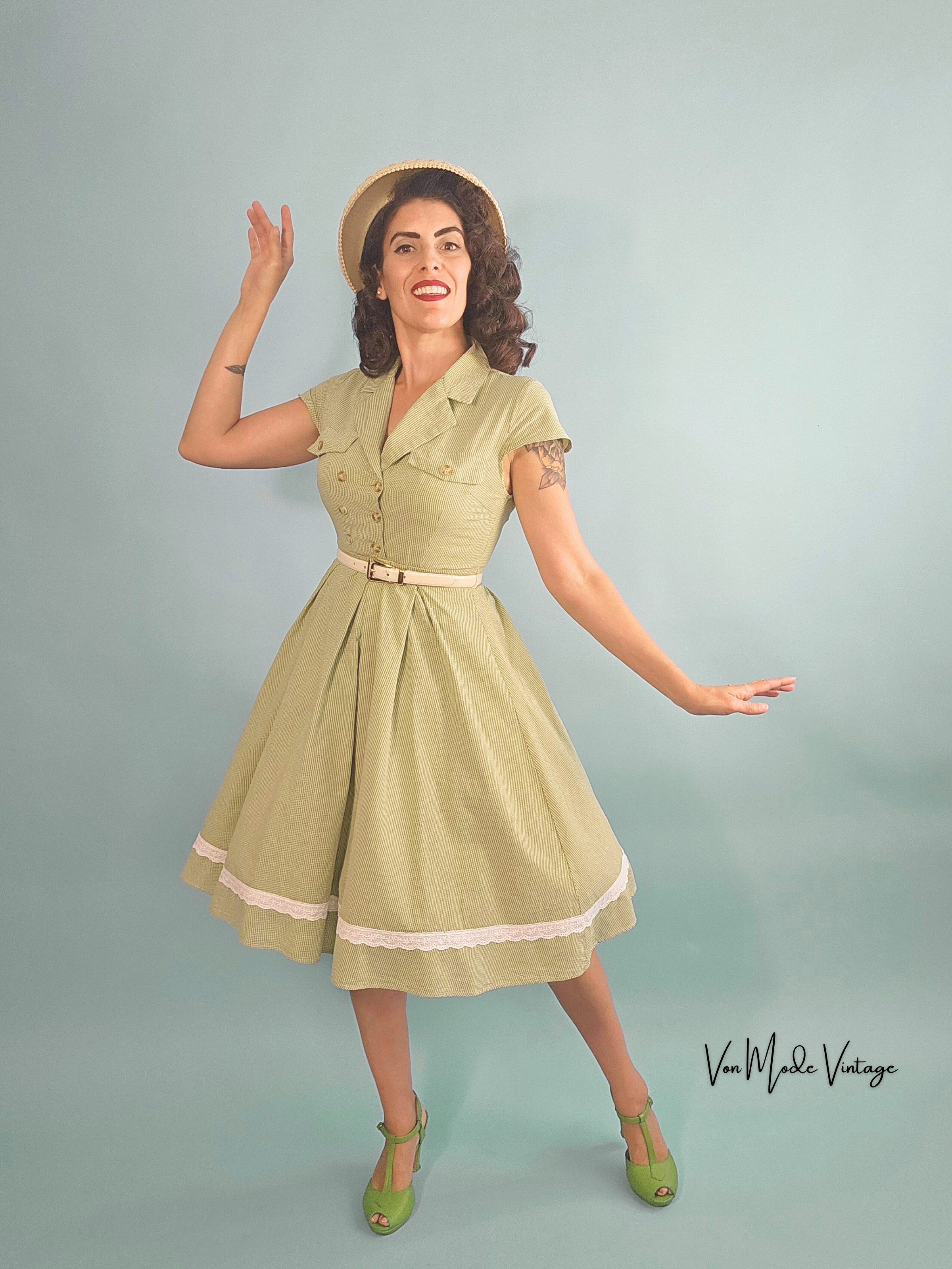 1940's Style Shirtwaist Dress - Green Gingham