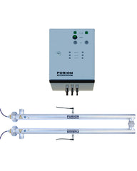 Zwei weiße elektronische Geräte mit einer PURION 2500 90 W DUAL ESM UV-C-Desinfektionsanlage auf weißem Hintergrund.