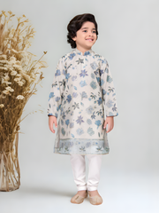Boys' Cream & Blue Floral Embroidered Kurta Pajama Set.