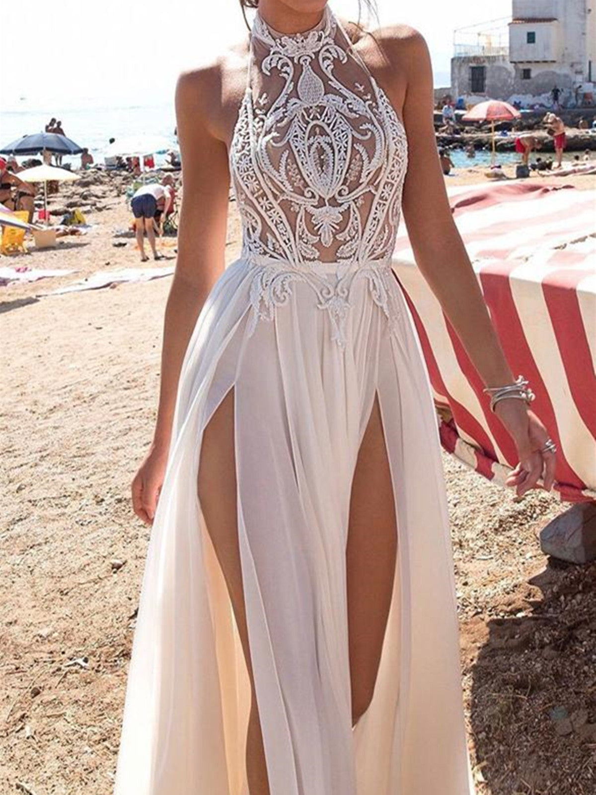 A Line White Lace Simple Wedding Dresses with Leg Slit, Sexy Halter Floor-length Appliques Bridal Gowns