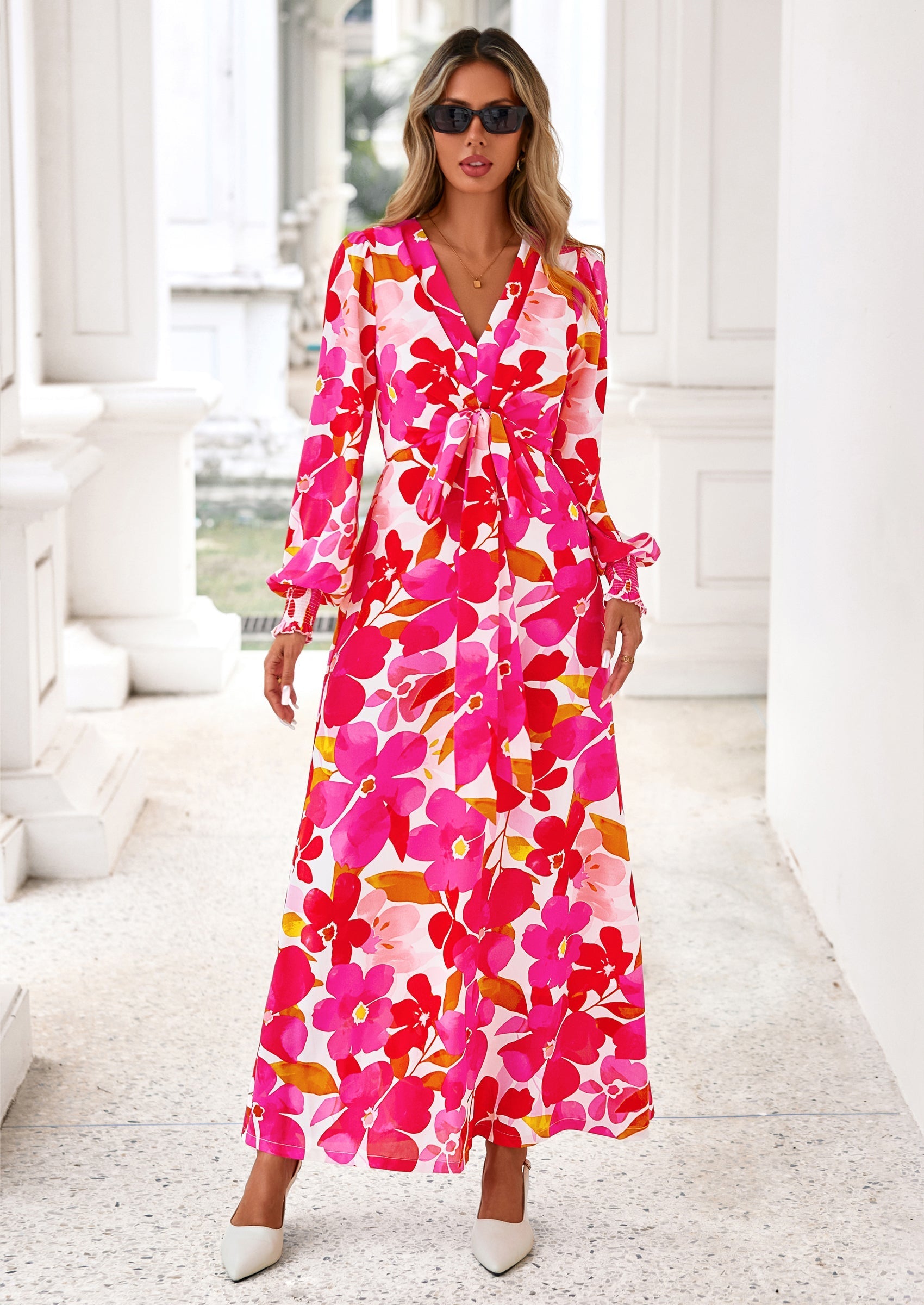 PRETTYGARDEN Women's Fall Boho Maxi Dress Floral Long Sleeve V Neck Flowy Belted Elegant Holiday Party Dresses PRETTYGARDEN