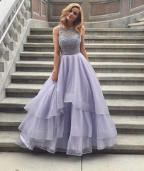 Cute round neck sequin long prom dress, tulle formal dress - shdress