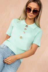 Fenix Mint Rib Knit Collared Top