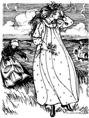 Blacka nd white pen and ink drawing by artist Gretchen Schields. Two women on prairie. Woman in foreground wears the prairie dress without an apron and holds a bunch of flowers in her hand. Woman in distance wears prairie dress with an apron and sun bonnet.