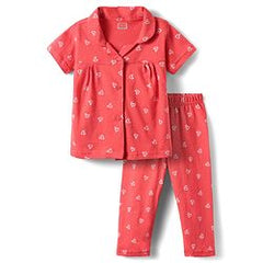 Babyhug Cotton Knit Half Sleeves Co-Ord Night Suit with Heart Print - Red