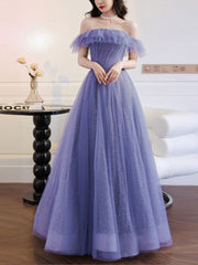 Purple A line Tulle Long Prom Dresses, Off Shoulder Formal Gown Graduation Dresses