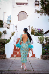 Zara Green Floral Print Open Back Midi Dress (Removable Feather Cuff included)