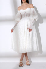 Romantic Off-Shoulder White Lace Midi Wedding Dress with Puff Sleeves