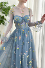 Dusty Blue Floral Embroidered Tulle Maxi Dress with Sheer Long Sleeves