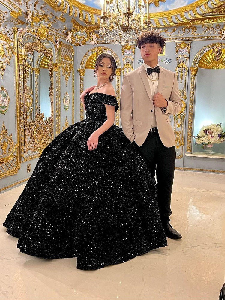 Black Ball Gown Quinceanera Dresses Off Shoulder Corset Sequin Wedding Dress MyChicDress