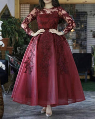 Long Sleeves Burgundy Wedding Guest Dress Short Ankle Length Prom Dress Lace MyChicDress