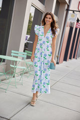 Hydrangea Block Print V-Neck Flutter Sleeve Maxi Dress