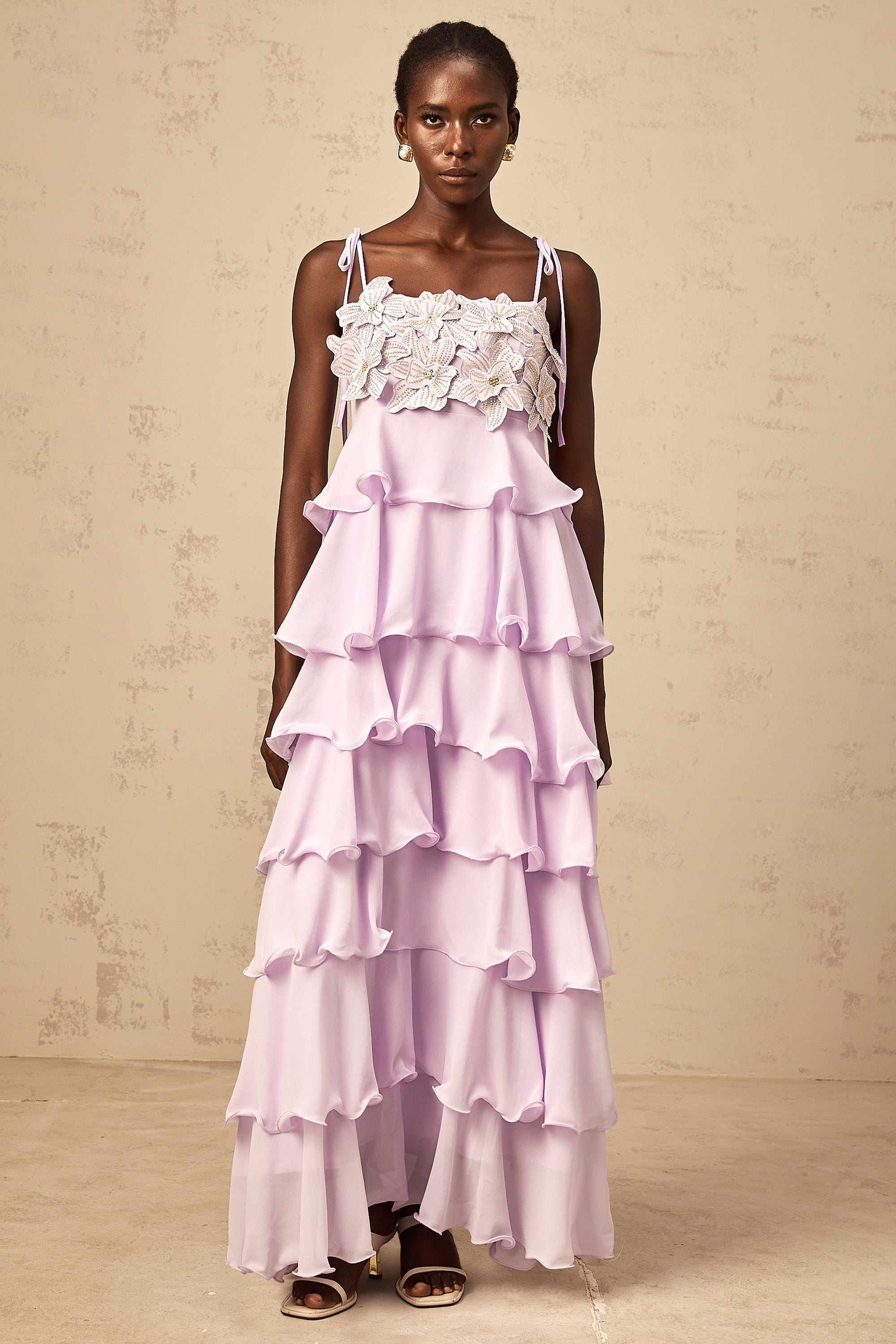 Wilhelmine purple sequined 3d-petal tiered maxi dress